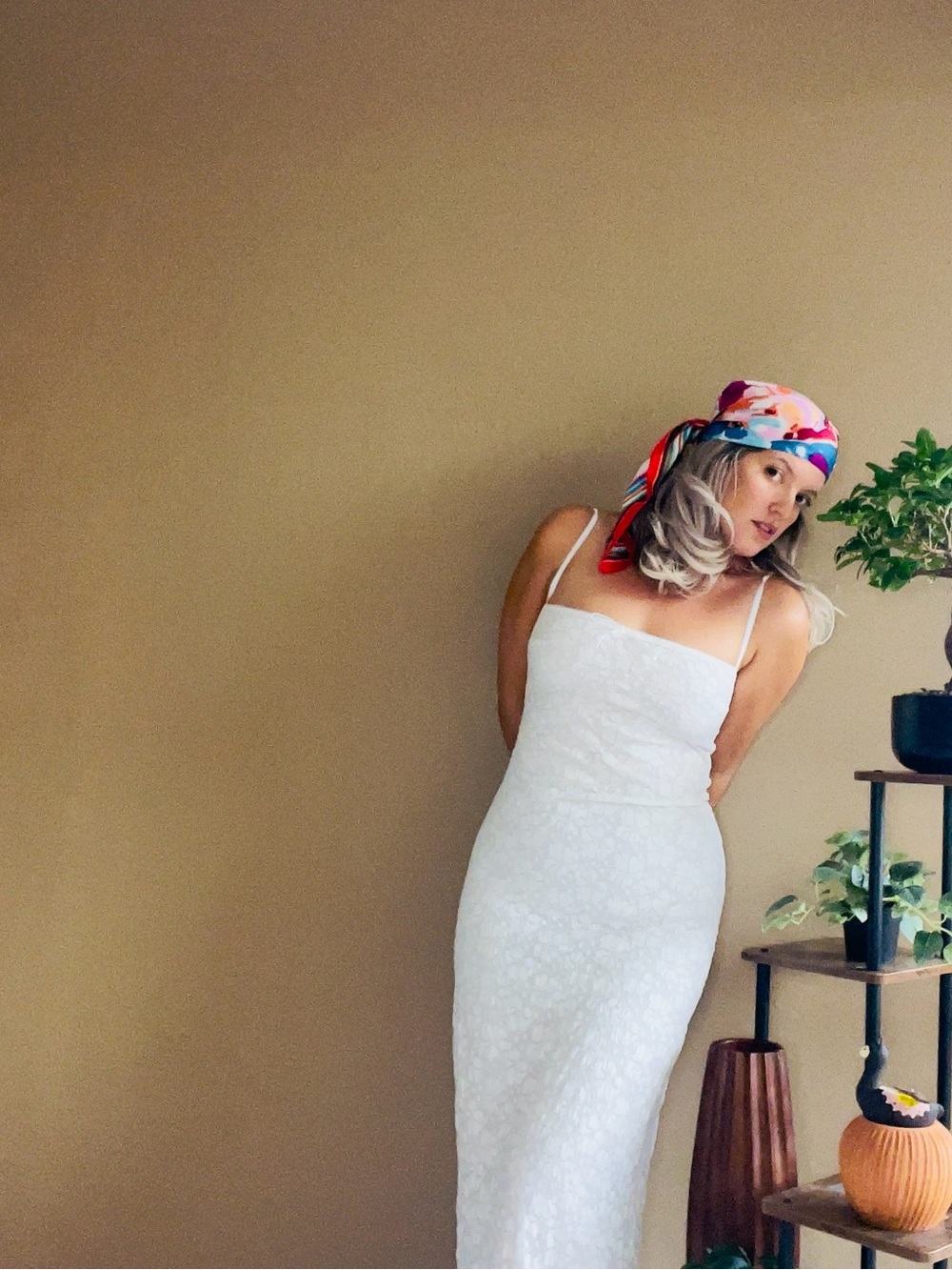 Elegant White Lace Slip Dress with Colorful Headscarf